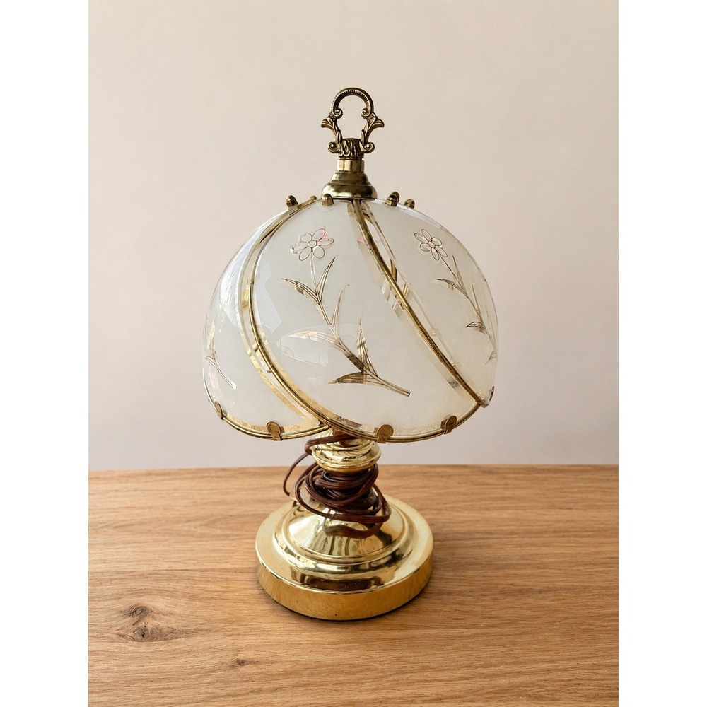 Vintage Dome Panel Table Lamp Gold Base Frosted Glass Brass Cottage Core 16"